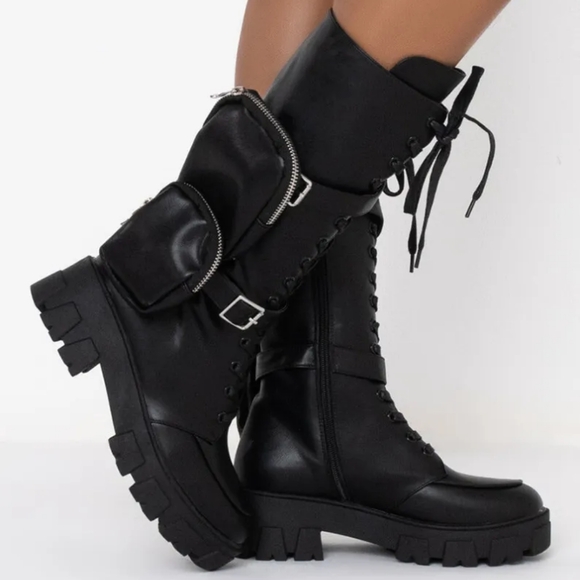 Azalea Wang Danger Black Dual Pocket Tall Platform Lug Sole Boots 8.5 - Picture 1 of 13